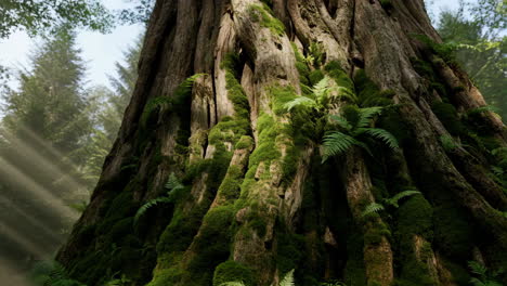 sunlit giant tree trunk covered in moss and ferns in a forest