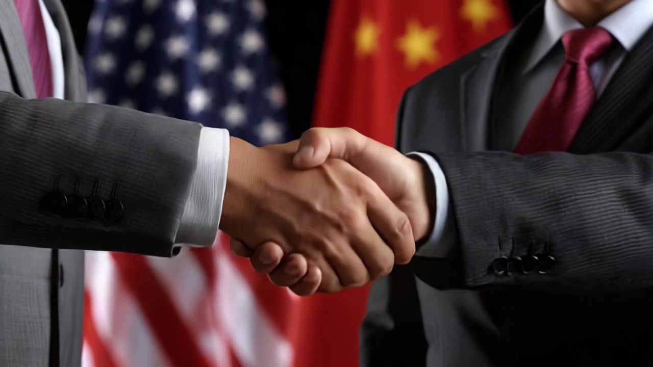 Significant Handshake Between Two Leaders Symbolizing Diplomatic Relations and Cooperation Amidst Flags Representing Their Nations