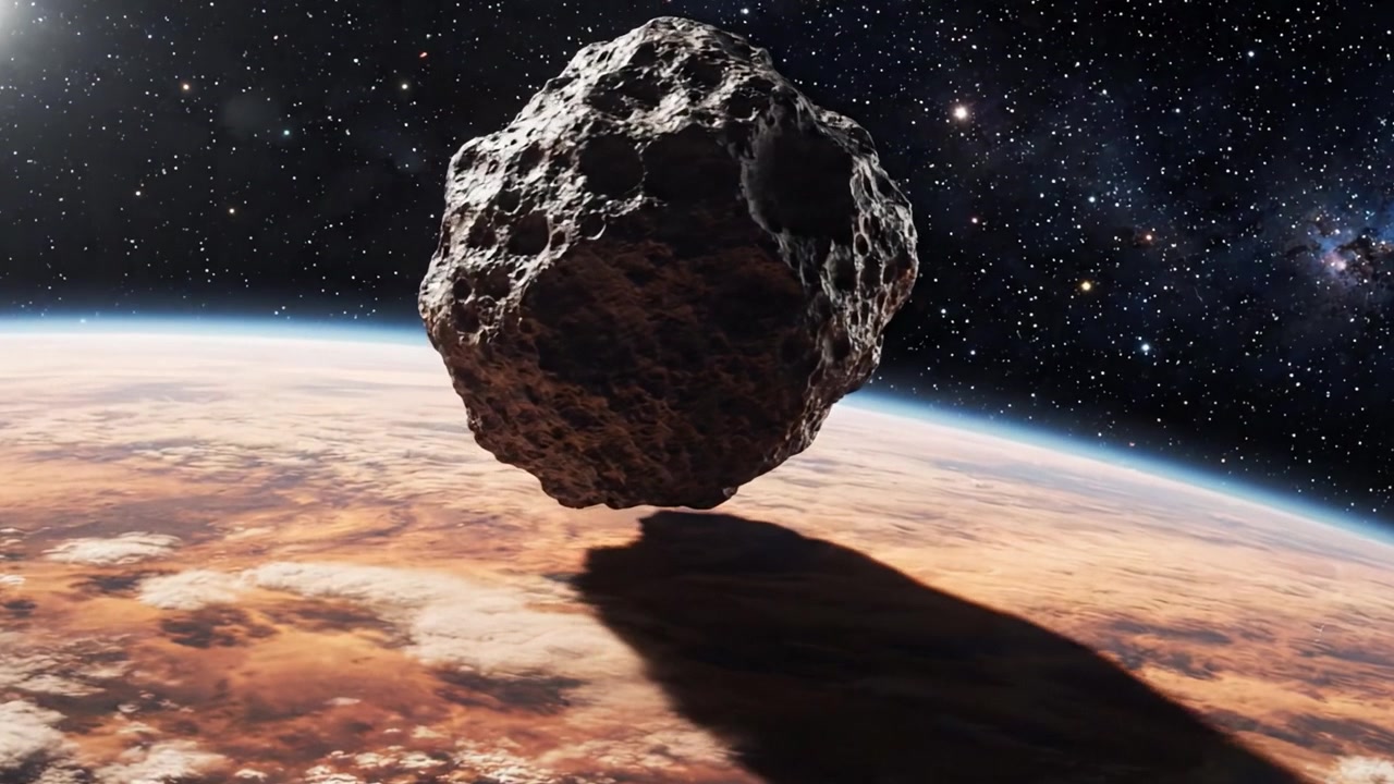 Vista spettacolare di un asteroide massiccio in orbita vicino alla Terra, sullo sfondo di un universo cosmico illuminato da stelle distanti e corpi celesti.