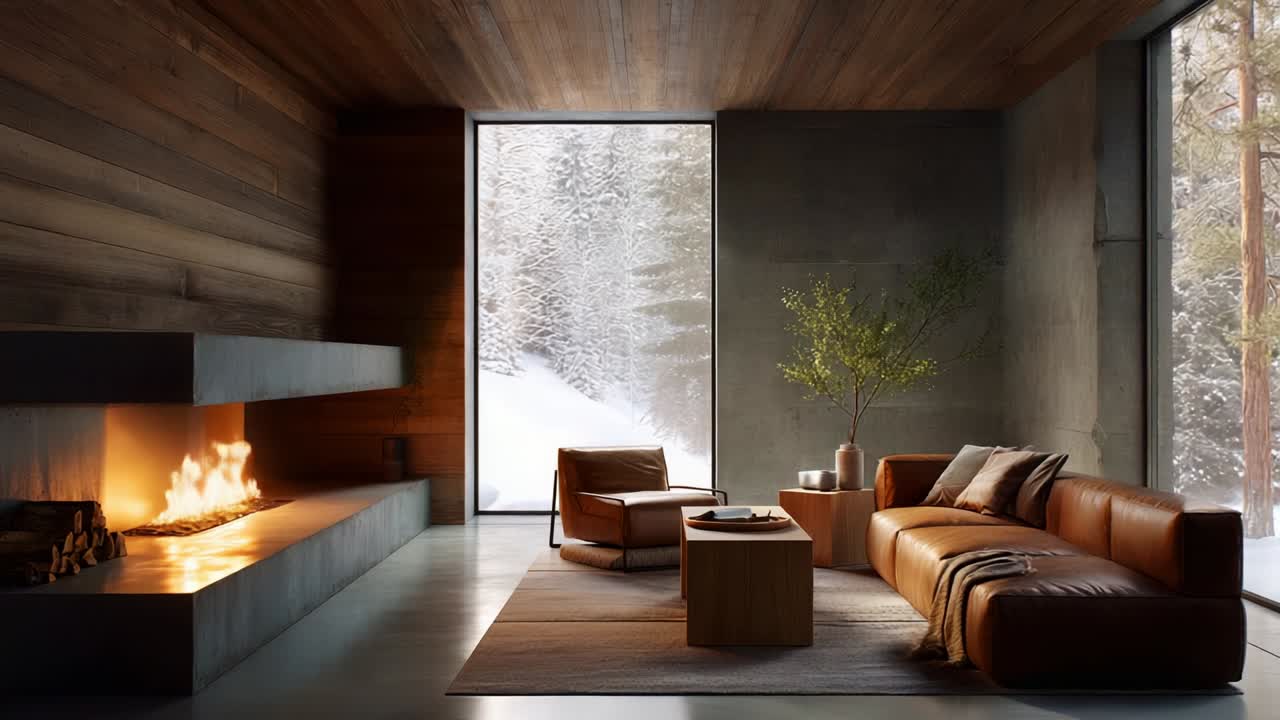 A Cozy Modern Living Room with a Fireplace and Large Windows Overlooking a Winter Landscape, Featuring Stylish Furniture, Natural Elements, and a Warm Atmosphere Perfect for Relaxation
