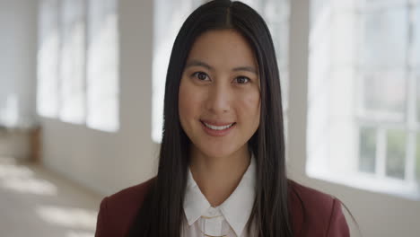 portrait of young beautiful asian woman smiling looking at camera wearing formal suit happy female cute face in apartment background