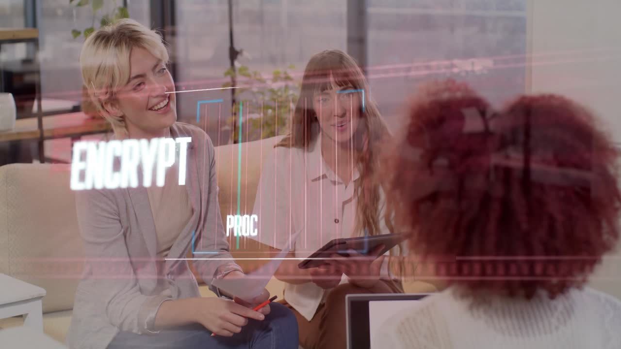 Tapping tablet initiating faint HUD ENCRYPTED TRANSFER, tech team sharing docs, monitoring progress