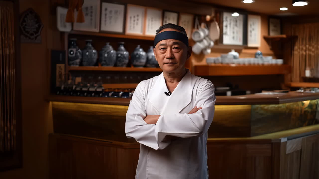 Retrato de um Chef Japonês em Seu Restaurante
