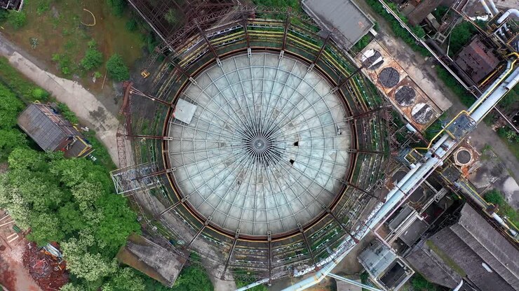 Vista aérea cenital de un tanque de almacenamiento en una fábrica de acero abandonada