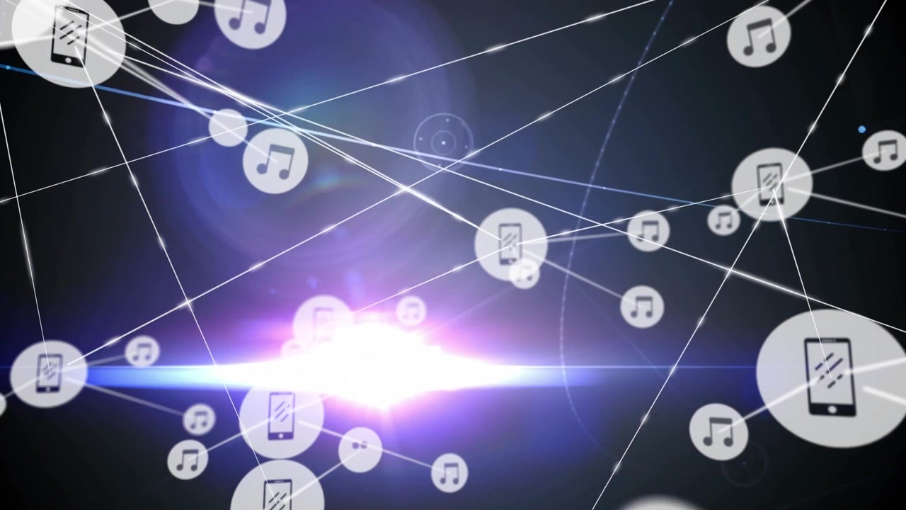 Animazione di icone di cellulari e musica che collegano punti con una luce blu brillante su un'interfaccia digitale.