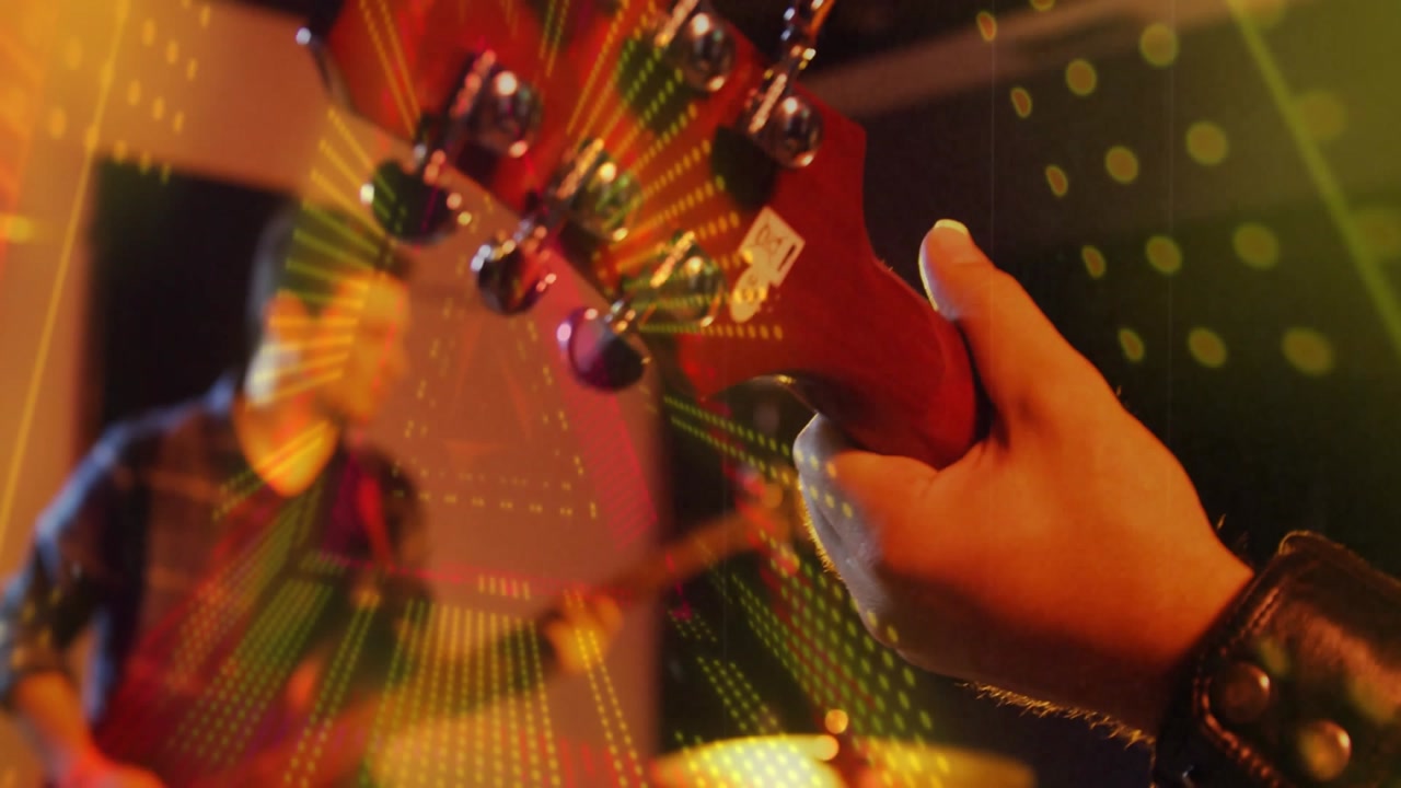 Guitarist right hand moving along neck, strumming, syncing LED dots, flare rising, music rehearsal