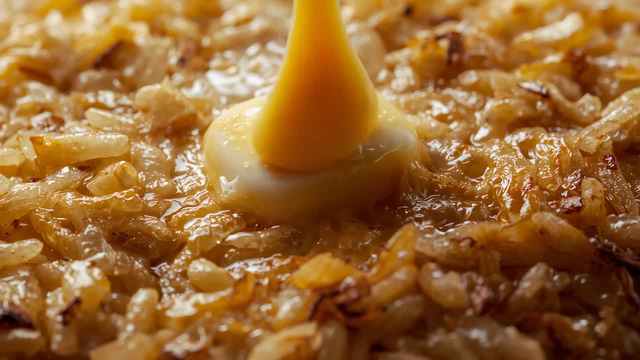 Gylden væske hældes fra oven, smørklat smelter og giver brunede kartofler på en varm pande glans