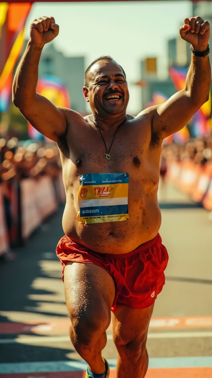 Triumphant man celebrating at a marathon finish line