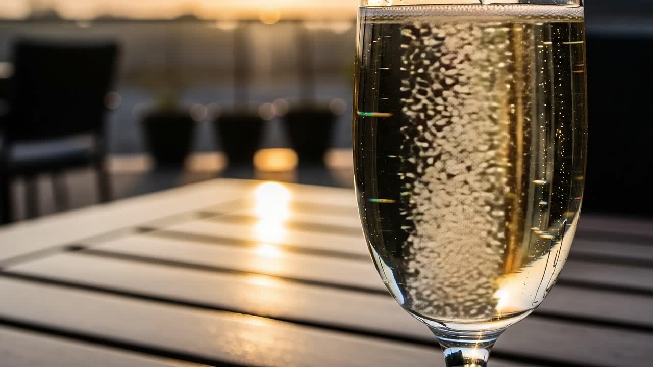 A Refreshing Perspective of Sparkling Beverage in a Sunset Setting, Captured in Two Frames Highlighting the Effervescent Bubbles and Ambient Atmosphere