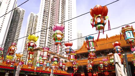 colorful lanterns adorn the temple in hong kong