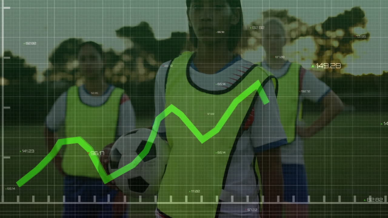 Soccer players on field with green financial graph animation overlay