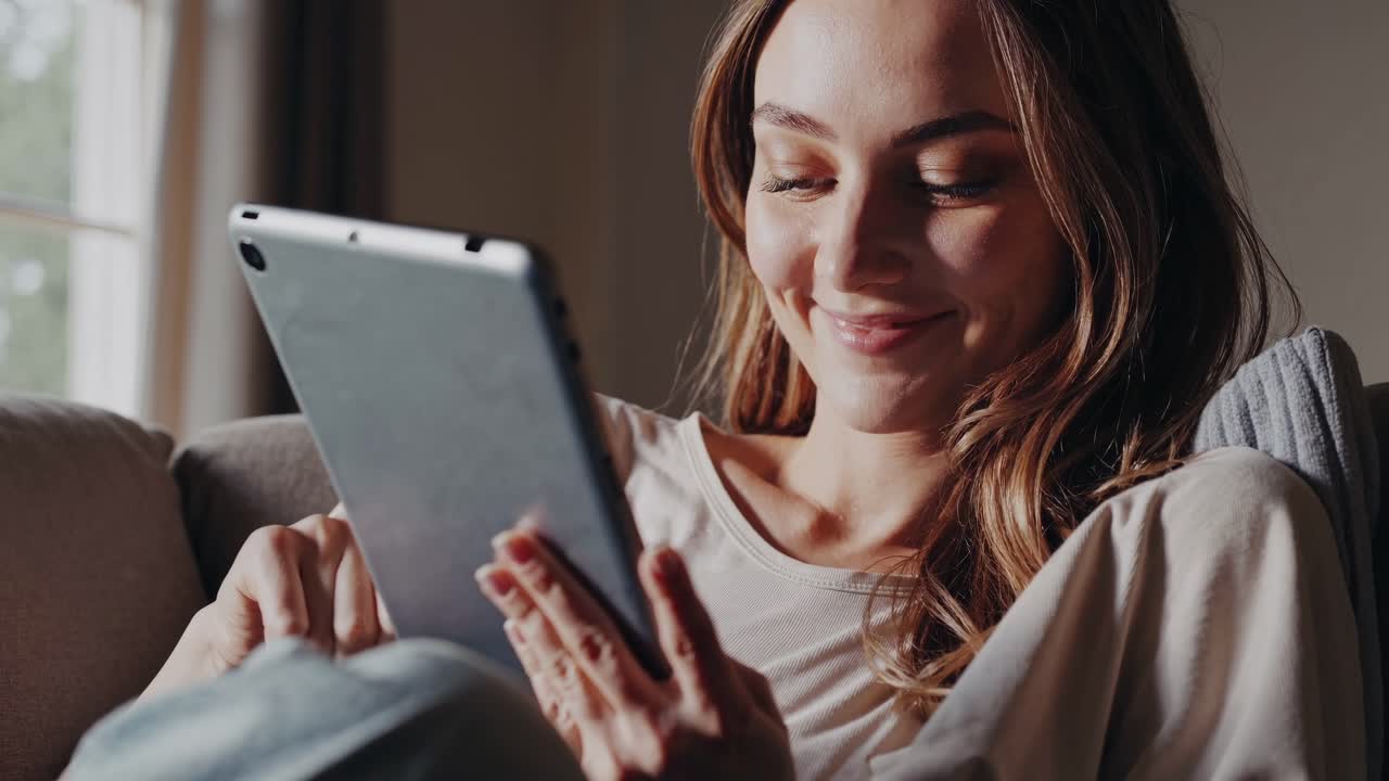 A relaxed woman using a tablet, viewed from a side angle. The video captures a cozy, intimate