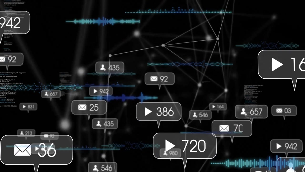Bolla di notifica centrale che mostra l'icona di riproduzione e 720, fluttuando su un grafico di rete con forme d'onda