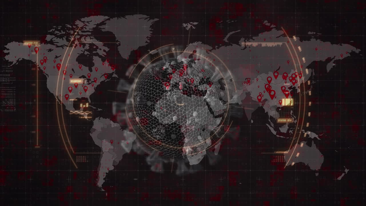 데이터 처리 및 검은색 배경의 세계 지도와 비교하여 코로나19 세포를 스캔하는 범위