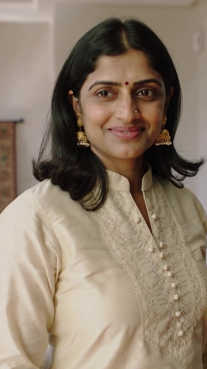 Video verticale: Donna sorridente si sposta al centro a casa mentre la telecamera registra, posando in kurta e jhumka.