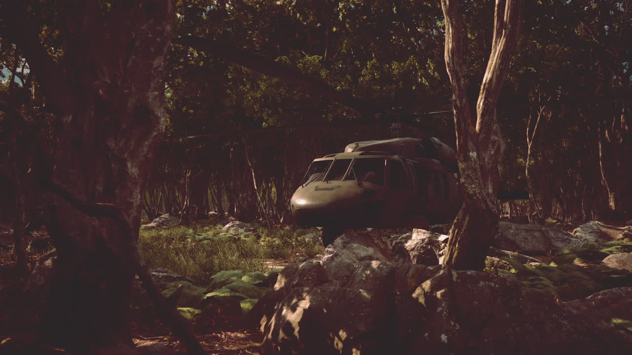 깊은 정글에서 군사 헬리 ⁇ 터