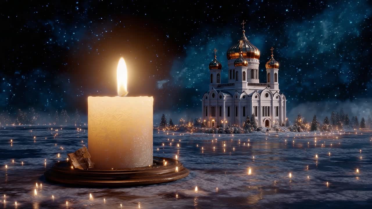 A mesmerizing winter scene featuring a glowing candle in the foreground, with a magnificent snow-covered structure adorned with golden domes illuminated against a starry night sky