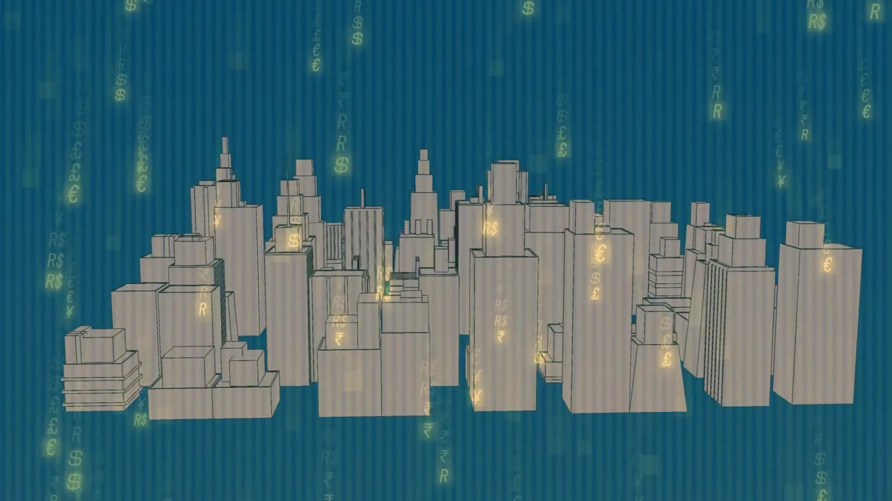 Sfondo blu che mostra uno skyline che si trasforma in glifi cadenti, luci pulsanti che ruotano rivelando una città digitale.