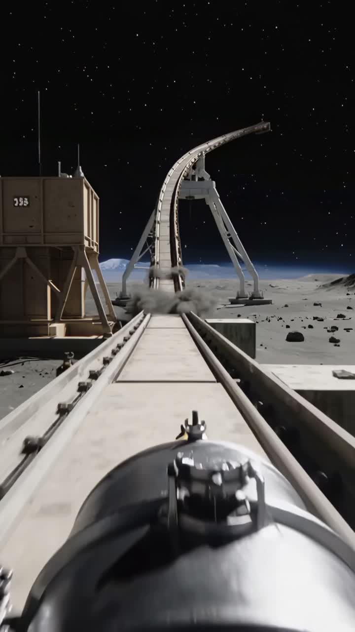 Vertical video: Starting camera trailing metal capsule rolling up rails to curved ramp kicking dust