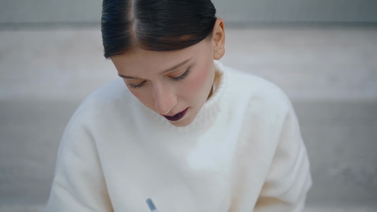 창의적인 여성 작가가 노트북에 메모를 쓰고 앉아 길거리를 가게 수직으로