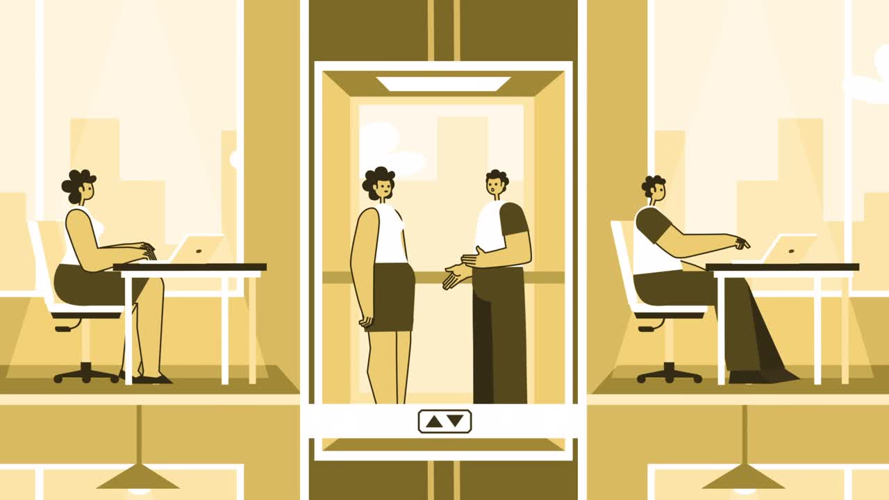 노란색 스타일의 남자와 여자 평평한 캐릭터가 엘리베이터에서 비즈니스를 논의합니다. 만화 루프 애니메이션