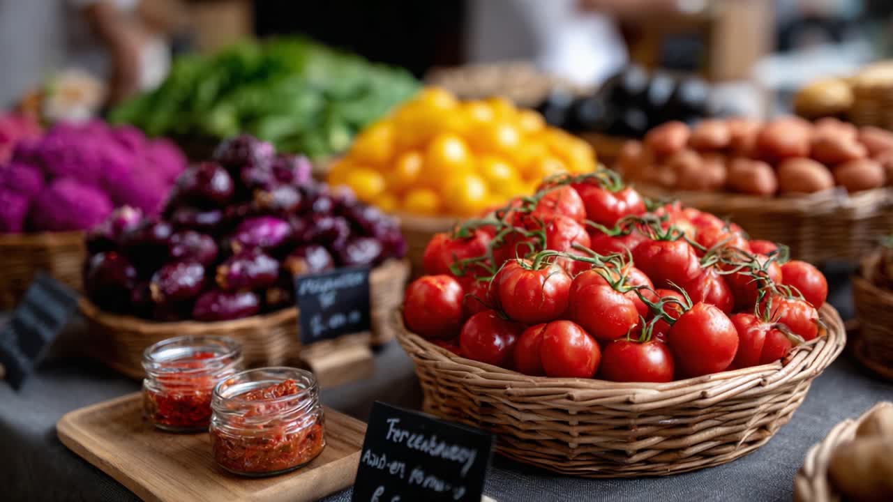 Vibrant Display of Fresh Produce at a Farmers' Market Featuring Juicy Tomatoes, Colorful Vegetables, and Various Fresh Ingredients Available for Purchase