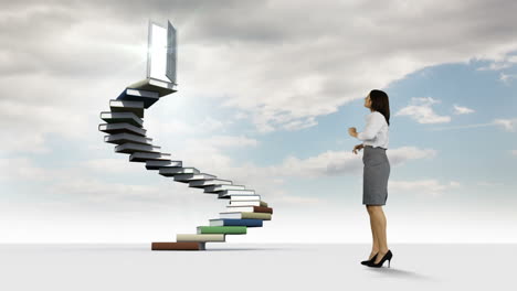 businesswoman looking at steps made of books in the cloudy sky