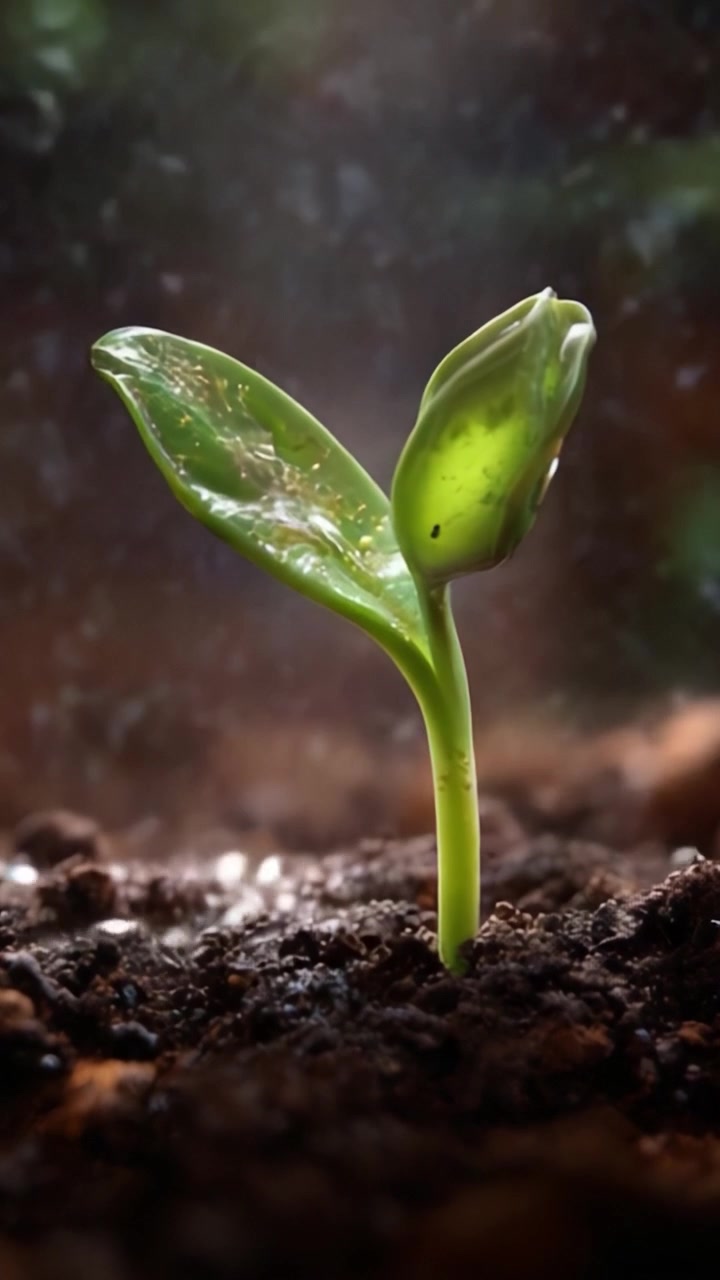 Um Broto Verde Fresco Emergindo de Solo Rico em uma Floresta, Irradiando Vida e Vitalidade Sob a Luz do Sol com Gotículas de Água Realçando Sua Beleza Natural