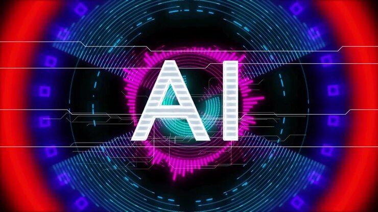 Anelli al neon che appaiono, IA a strisce che emerge, linee di circuito che scorrono, colori che cambiano per evidenziare l'IA