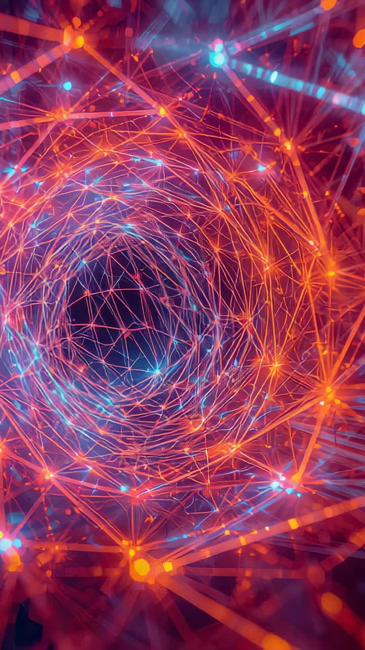 Video verticale: cam che si muove tra fili arancioni in un tunnel con nodi blu pulsanti, rivelando il nucleo