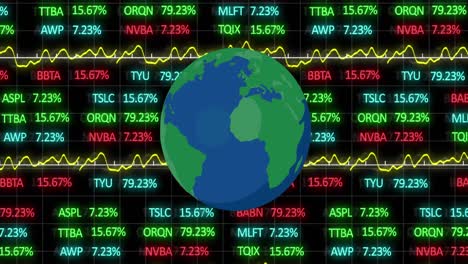 Animation-of-financial-data-and-globe-on-black-background