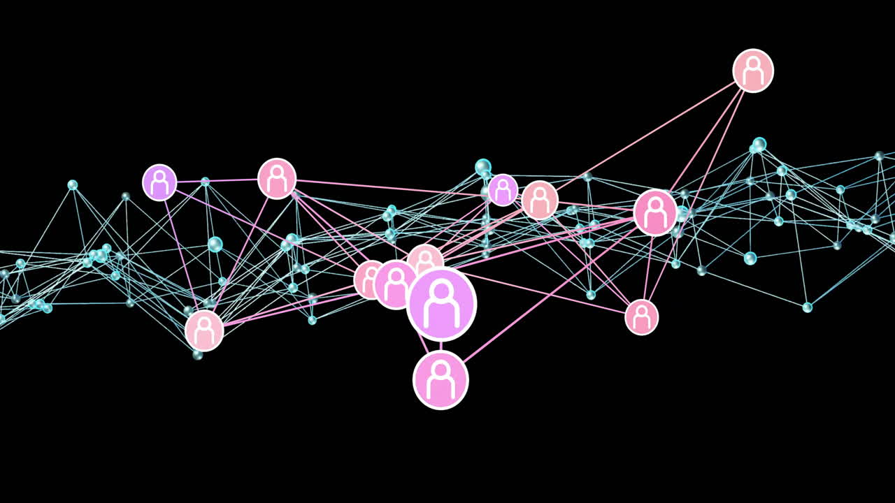 Animation showing network with pink user icons on black background