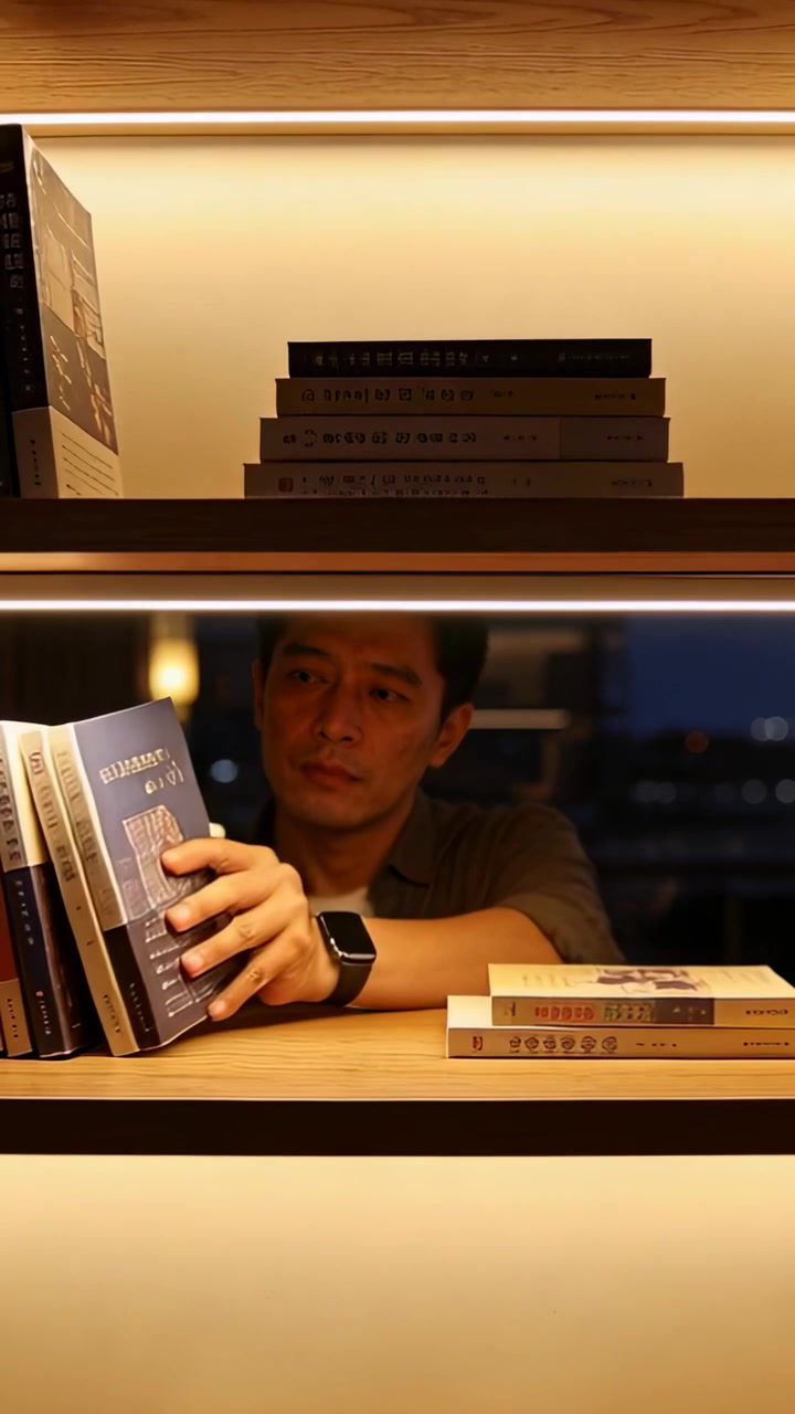 Vídeo vertical: Homem com relógio alcançando pela direita, levantando e arrumando livros em uma prateleira iluminada em casa.