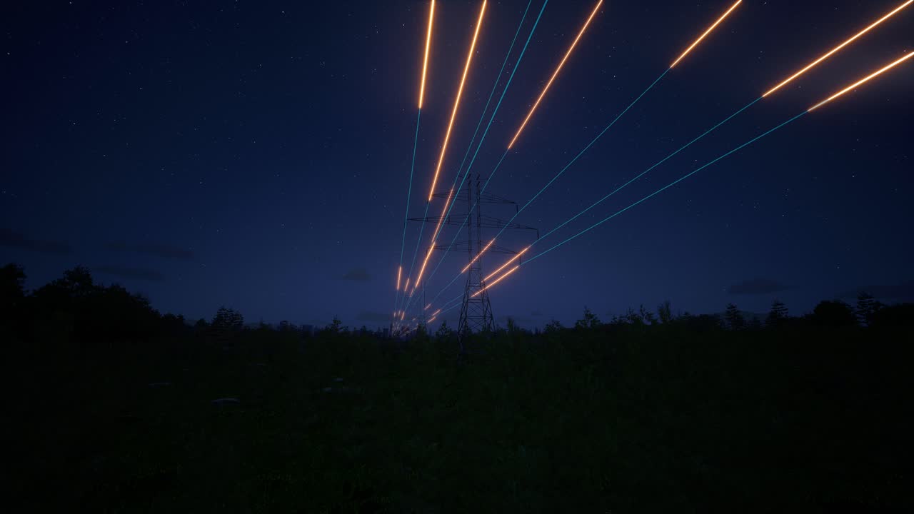 Traliccio dell'alta tensione con linee elettriche che brillano con scie di energia di notte