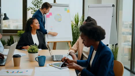 diverse business professionals collaborating in an office meeting