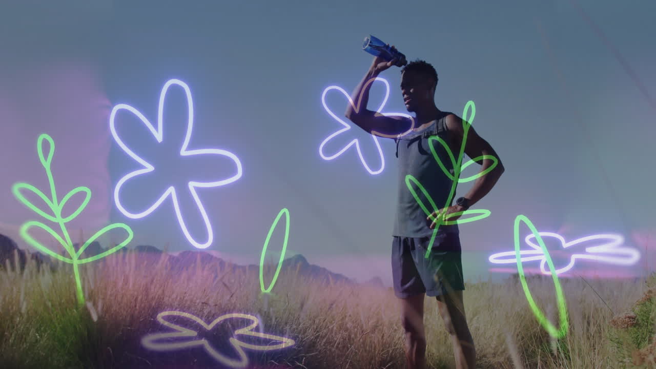Holding water bottle, man in athletic wear over animation of flowers in field