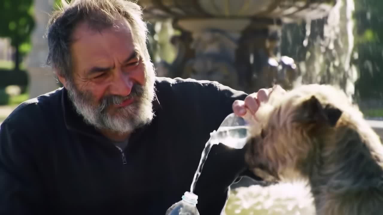 Heartwarming Moments Featuring a Bearded Man and His Dog Sharing Water Bottles in a Serene Park Setting, Capturing Bonds of Friendship and Care