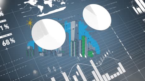 animation of statistics with data processing over cityscape on blue background