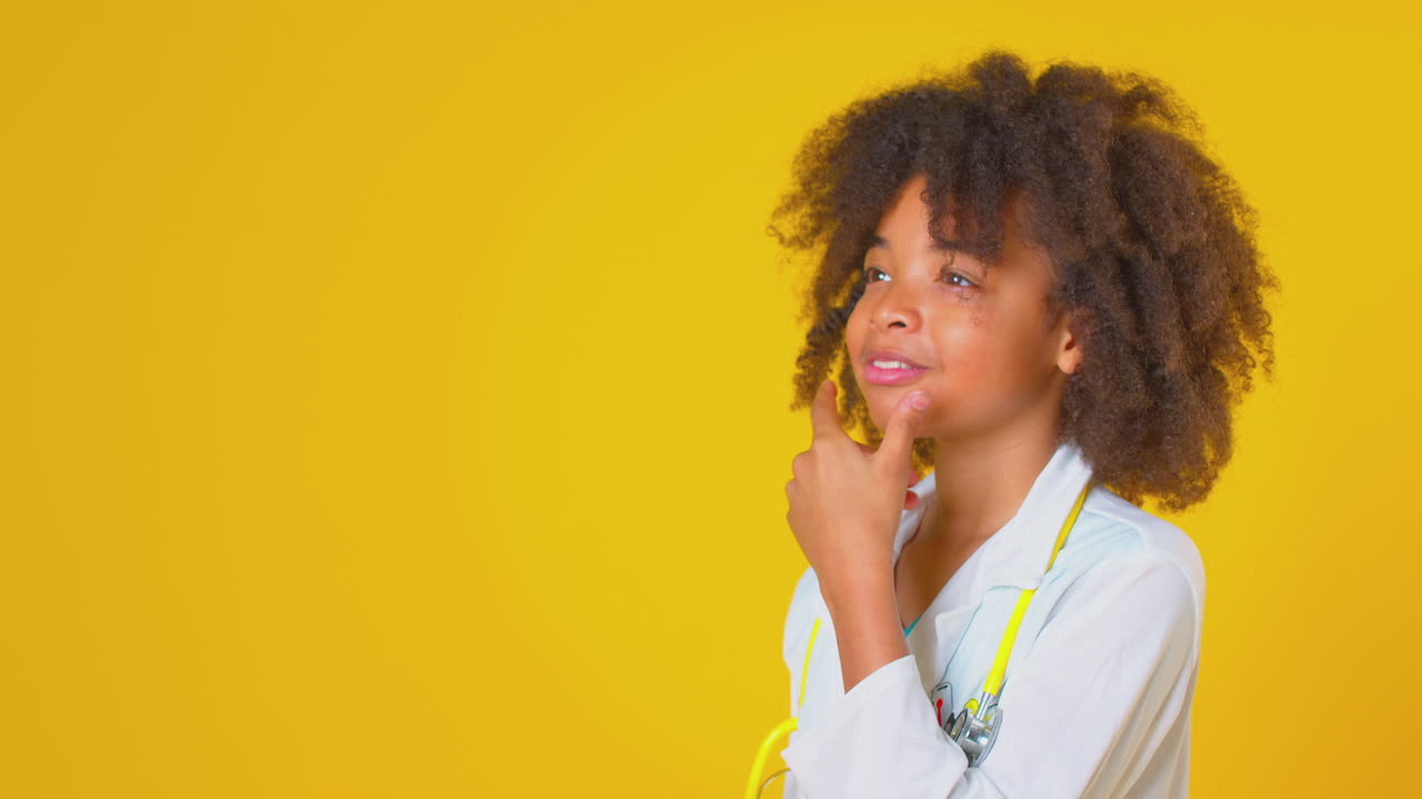 Studio Portrait Of Boy Dressed As Doctor Or Surgeon Stroking Chin Against Yellow Background