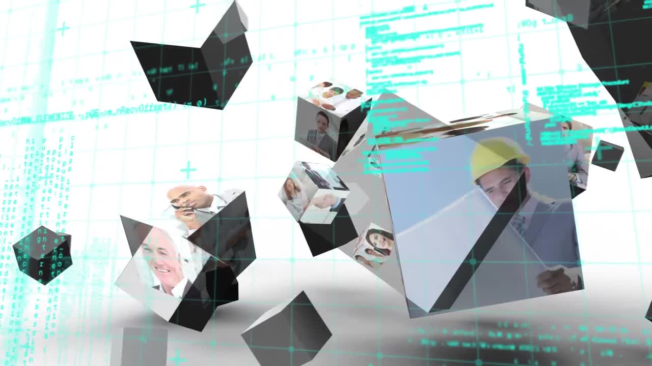 animación de procesamiento de datos sobre cubos con diversas personas en fondo blanco
