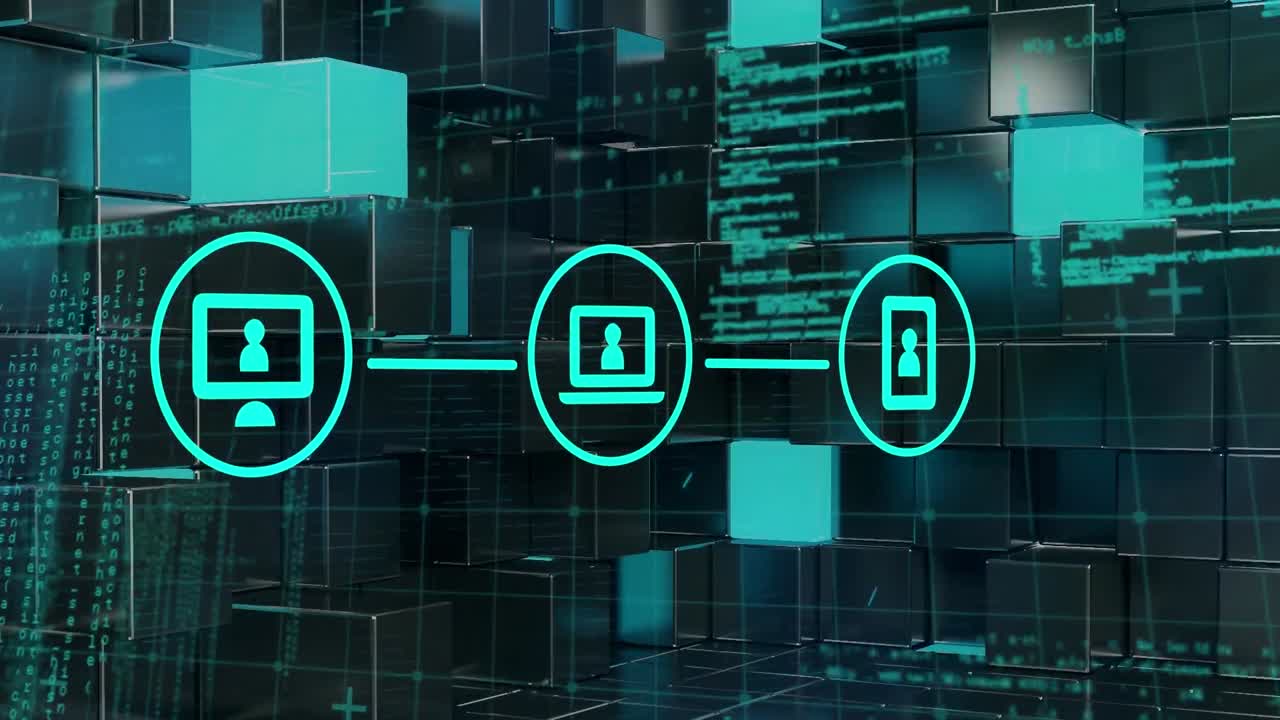 animación de procesamiento de datos e iconos de medios sobre cuadrados