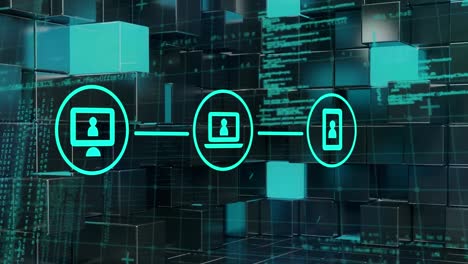 Animation-of-data-processing-and-media-icons-over-squares