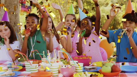 animation of confetti over diverse children at birthday party