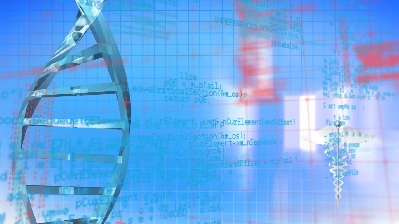 dna 가닥의 애니메이션과 과학적 데이터 처리