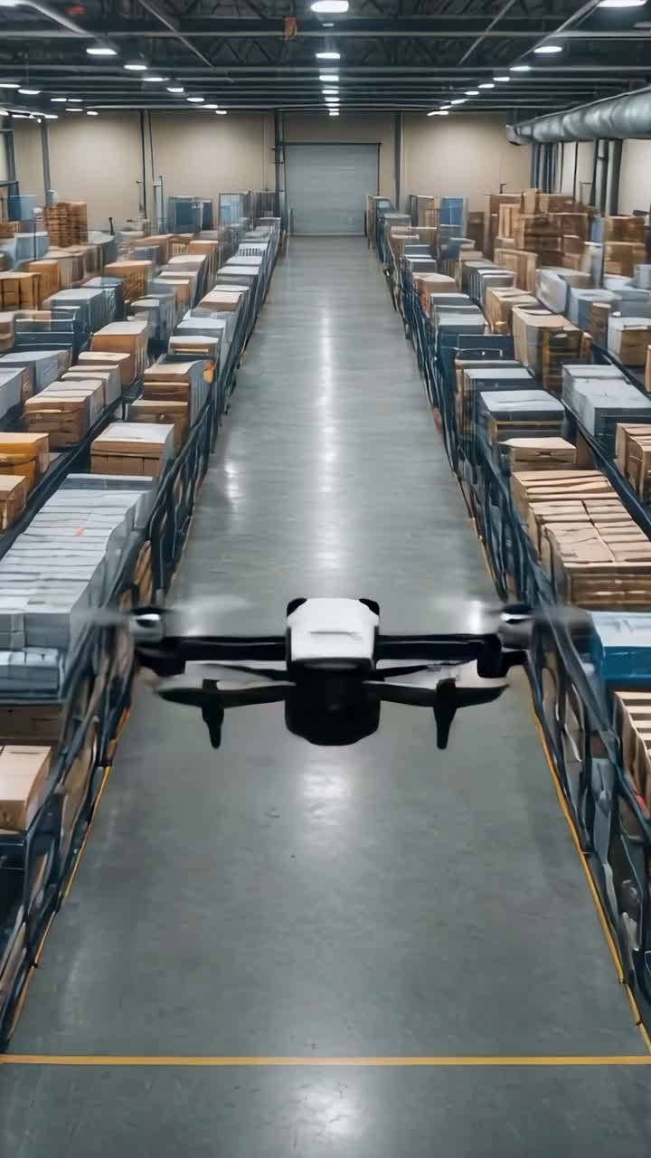 Vertical video: Entering white quadcopter drone flying down warehouse aisle, with boxes on racks