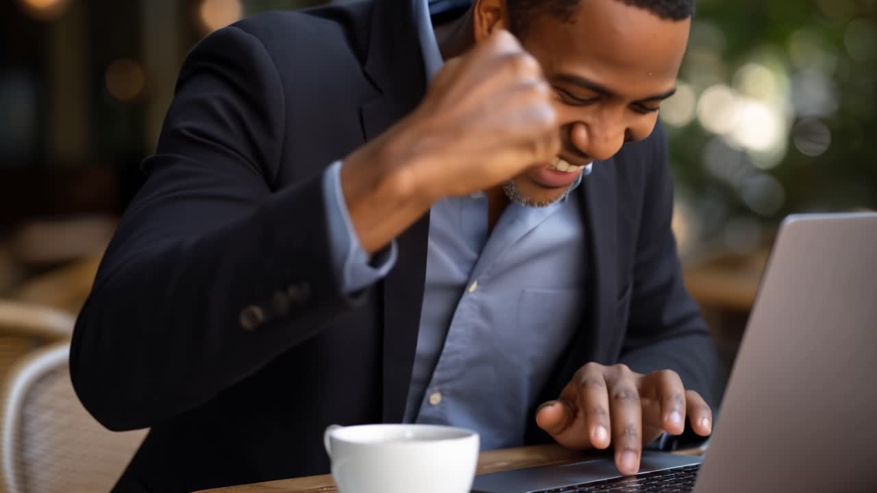 Man smiles, clenches fist, shows excitement. He rests hand on laptop, sips coffee. Background blurred, natural daylight. Perfect for business success, motivation, achievement themes