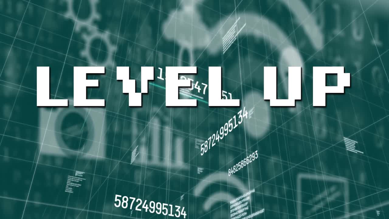 데이터 처리와 녹색 배경에 다수의 디지털 아이콘에 대한 텍스트 수준을 높입니다.