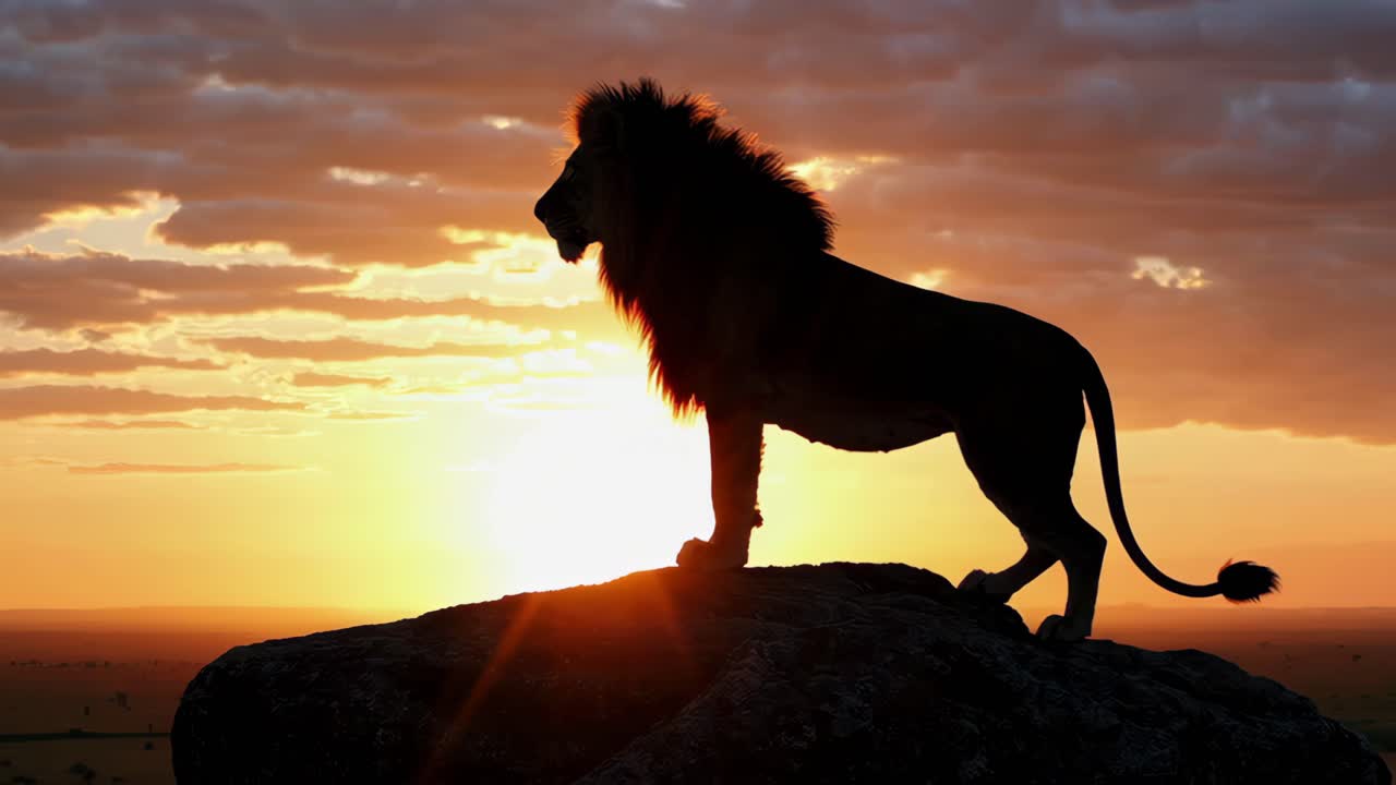 A majestic lion stands on a rock, silhouetted against a vibrant sunset, conveying power and serenity