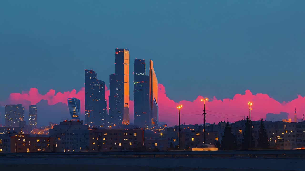 Um horizonte cativante ao anoitecer, exibindo uma paisagem urbana moderna com arranha-céus imponentes iluminados em cores vibrantes contra um céu crepuscular, criando um panorama urbano encantador.