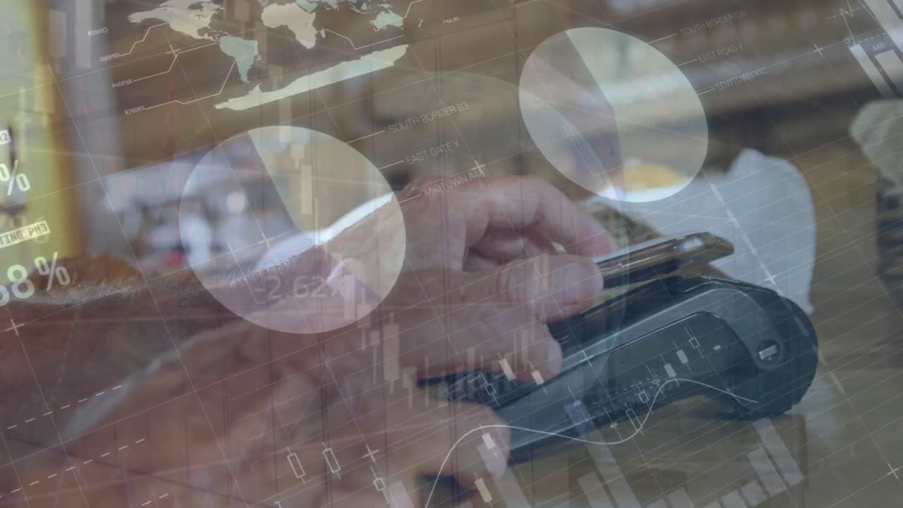 통계 및 금융 데이터 처리의 애니메이션: 스마트폰으로 지불하는 백인 남성